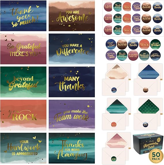 Decorably 50 Pack Gold Foil 6x4in Watercolor Thank You Cards with Envelopes