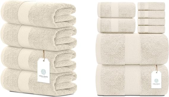 White Classic 8-Piece Luxury Ivory Bath Towel Set | 27 x 54 Inch Bath Towels, 16 x 30 Inch Hand Towels, 13 x 13 Inch Washcloths | Cotton, Highly Absorbent and Quick Dry for Hotels, Spa and Bathroom