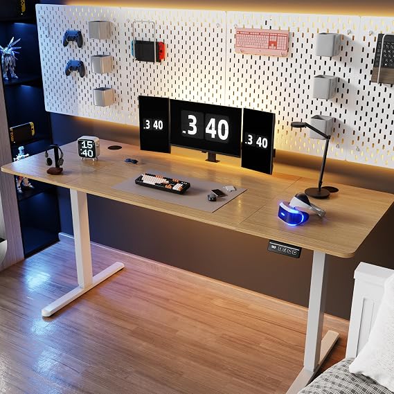 Shintenchi Standing Desk, 63x24 Inch Height Adjustable Electric Sit Stand up Desk, Ergonomic Rising Computer Table, Modern Lift Gaming Desk Workstation for Home Office, White