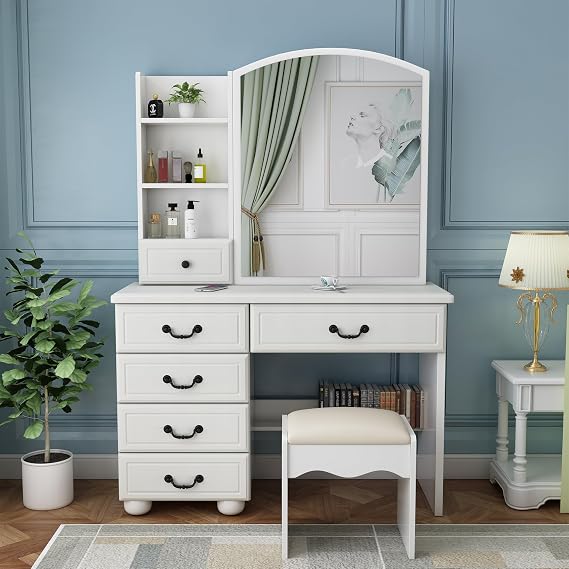 KUIKUI Vanity Desk with Mirror and Lights, Makeup Vanity Desk with Drawers of 9, Vanity Mirror with Lights Desk and Chair, 35.43''x15.35''x53.15'', 6 Drawers