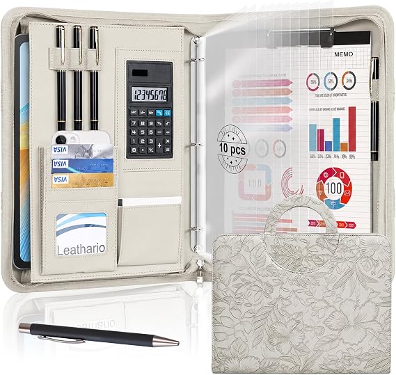 Leathario Portfolio Binder with Handle,3 Ring Padfolio with Zipper