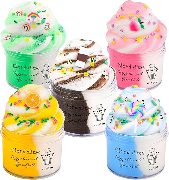 Cloud Slime Kit 5 Pack for Kids, Fluffy Slime with Cute Peach, Rainbow, Lemon & Coffee Charms, Soft Stretchy Non-Sticky Slime Toys for Girls Boys, Party Favour, Classroom Reward, Birthday Gift