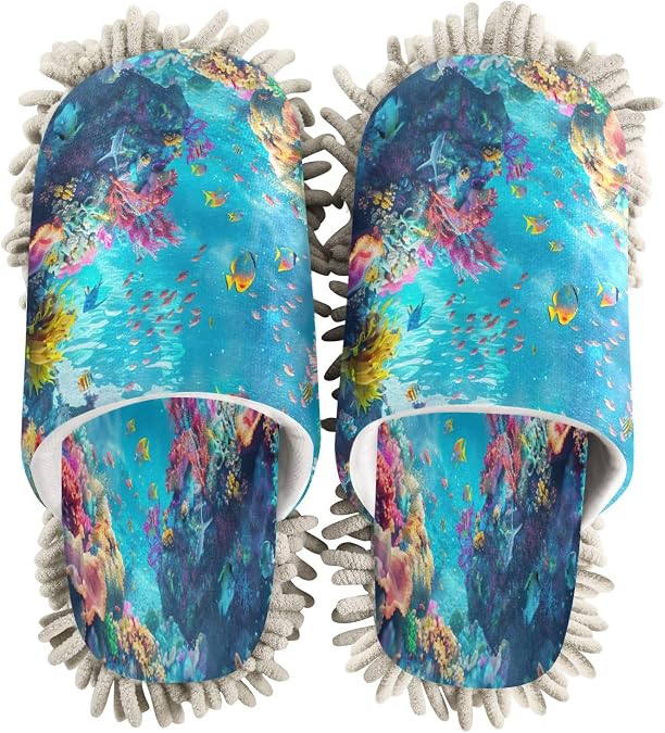 YETTASBIN Underwater World Microfiber Mop Slippers for Women & Men - Super Absorbent Chenille Cleaning Slippers Washable Reusable Dust Hair Cleaner for Home Kitchen Floor Cleaning,