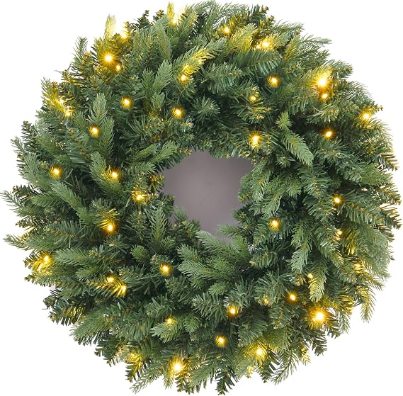 24 Inch Artificial Pre-Lit Christmas Wreath Spruce, 50 LED Warm White & Multi-Color Lights with Timer, Battery Operated, Holiday Decoration for Front Door, Outdoor