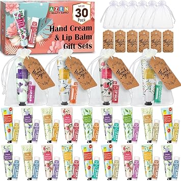 AZEN 30 Sets Bulk Gifts, Hand Cream and Lip Balm Bulk Set with Organza Bag Thank You Card, Baby Shower Wedding Gift for Guests, Bridal Wedding Favors for Guests, Mothers Day Gifts Stocking Stuffers