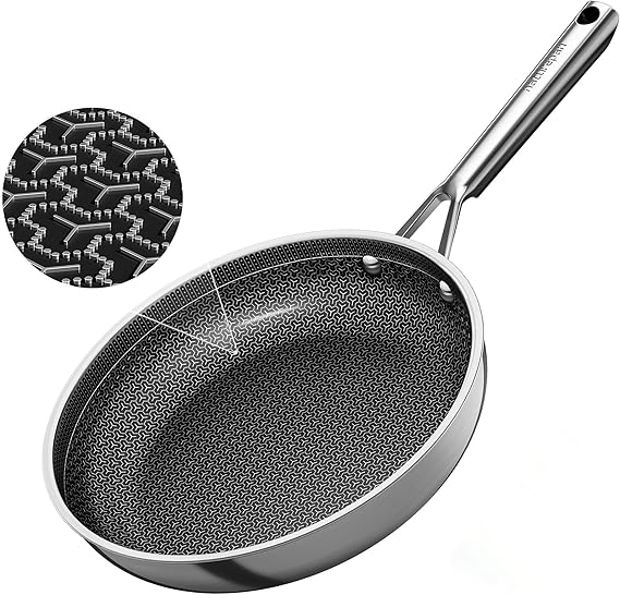Hybrid Ceramic Frying Pan 28cm, 5-Ply Diamond-Titanium Nonstick Stainless Steel Pan, Hexagon Surface, Dishwasher/Oven Safe