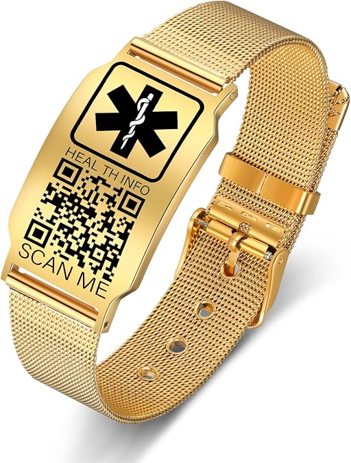Upgraded Medical Alert ID Bracelets Men Women with QR Code | Stainless Steel Adjustable Mesh Wristband Fits 6.5"8.27" Wrists - More Space to Save & Update Emergency Medical Information