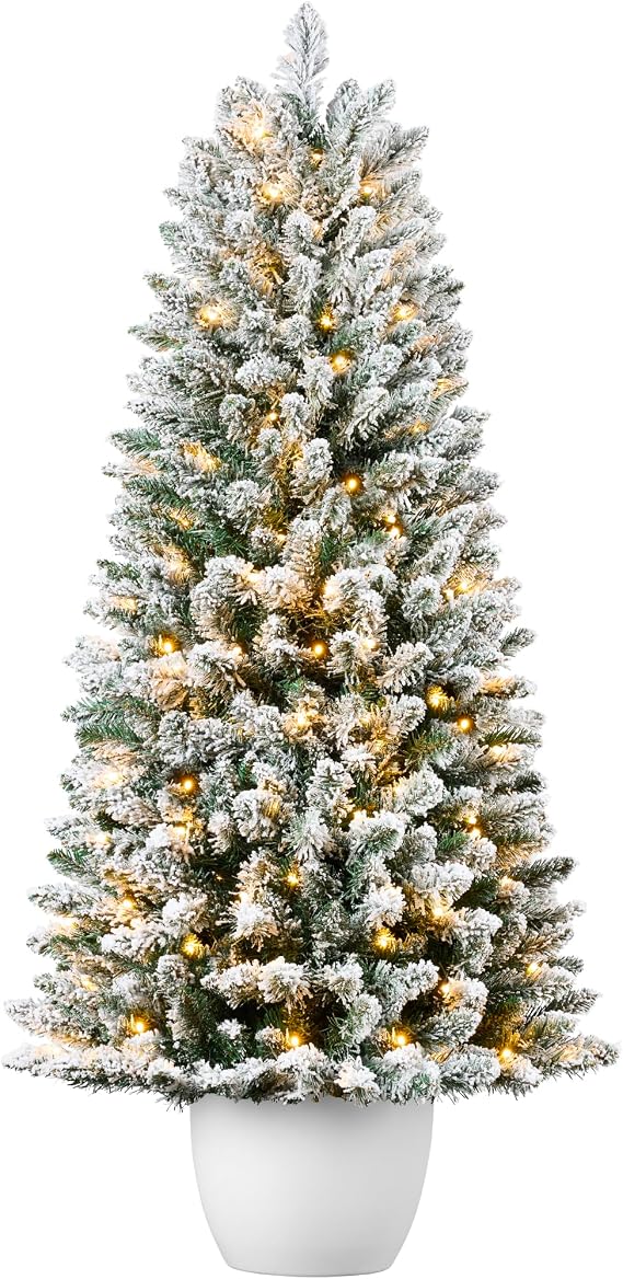 Best Choice Products Prelit Potted Flocked Pencil Christmas Tree, 4.5Ft Artificial Lighted Holiday Decor, 175 Twinkling LEDs for Home, Front Porch