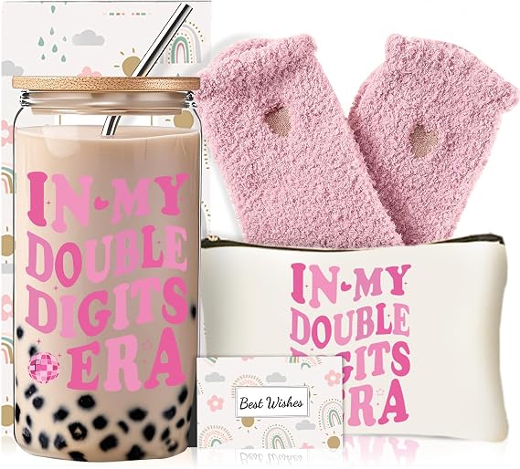 10 Year Old Girl Birthday Gifts, Happy Birthday Gift for for 10 Year Old Girls Teen, Unique Presents Set with 16 Oz Glass Cup Ideas for Sister Daughter Niece Granddaughter
