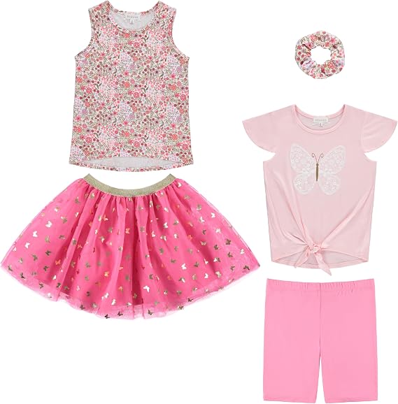 BTween Girls 4 Pack Floral Fashion Summer Clothes Set - Tutu Skirt Tank Top Short Sleeve and Biker Shorts