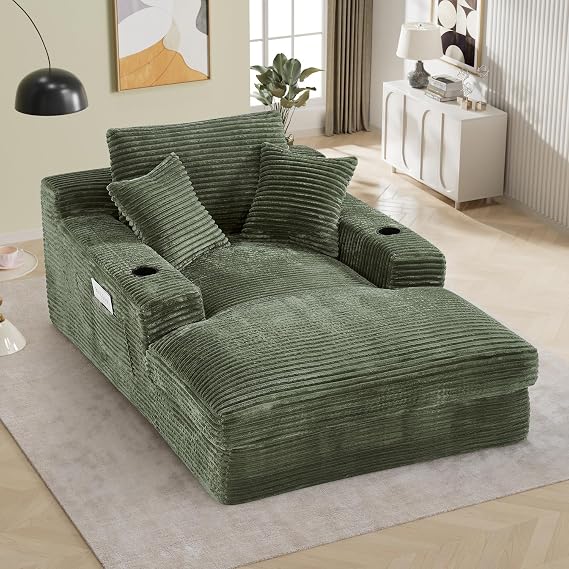 Rophefx 75.9" Super Oversized Chaise Lounge Chair Indoor Boneless Reading Chair Fluffy Comfy Sofa Bed Couch with Cup Holders,Green