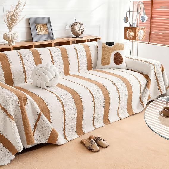 Sofa Throw Cover 2-3 Seater, 180 x 300 cm Brown White Plush Velvet Settee Throw, Large Throws for Sofas, Washable Couch Protector Blanket for Pets