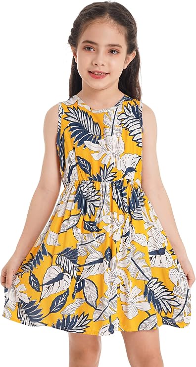 FEESHOW Kids Girls Sleeveless Floral Print Boho Sundress Ruffle Hem High Slim Waist Holiday Casual Beach Dress