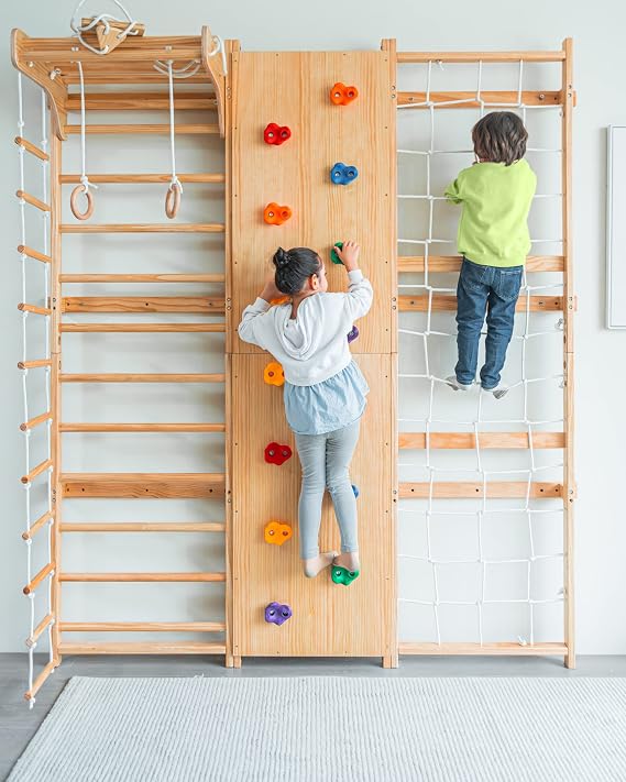 Avenlur Walnut 9-in-1 Swedish Ladder Wall Gym Kids, Indoor Climbing Wall