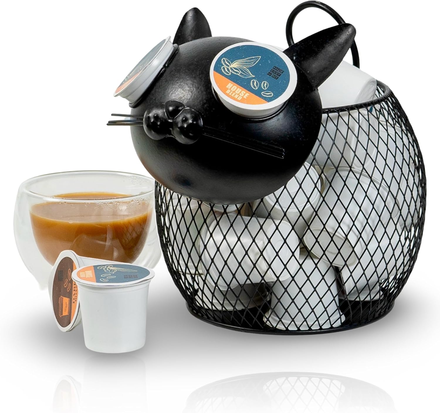 Made Easy Kit Coffee Pod Basket Organizer Practical Decoration - Compatible with Keurig K-Cup Pods & Capsules - Home Cafe Bar Decor Useful Kitchen Countertop Freestanding Cat Black