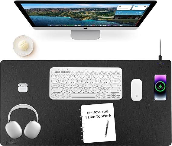 Wireless Charging Mouse Pad Firelison 2 in 1 Leather Multifunctional Office Desk Pad with Non-Slip Rubber Base, Waterproof Desk pad for Computers/Office/Work/Home/Decor( 36" x 17"Black - R)