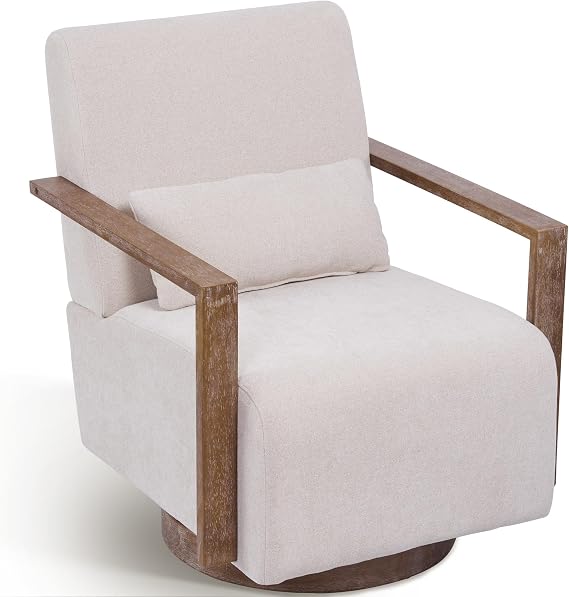 Aoiy & Wifon 360 Degree Swivel Accent Chairs, 29.7" W Comfy Upholstered Swivel Barrel Chairs for Living Room, Modern Living Room Accent Chairs, Linen Blend, Beige
