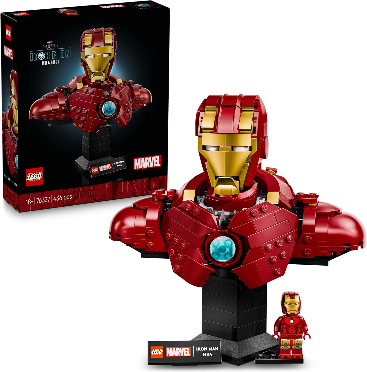 LEGO | Marvel Iron Man MK4 Büstü 76327, Yetişkin Kadınlar ve Erkekler için Baskılı Bir İsim Levhası ve Çıkarılabilir Iron Man Minifigürü İçeren Koleksiyonluk Model Yapım Seti, Hediye Fikri 436 Parça