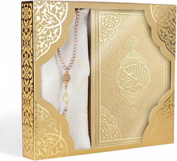 FURKAN Thermo Leather Quran with Gold Prayer Rug and Prayer Beads, Zuhre Gift Box - Gold