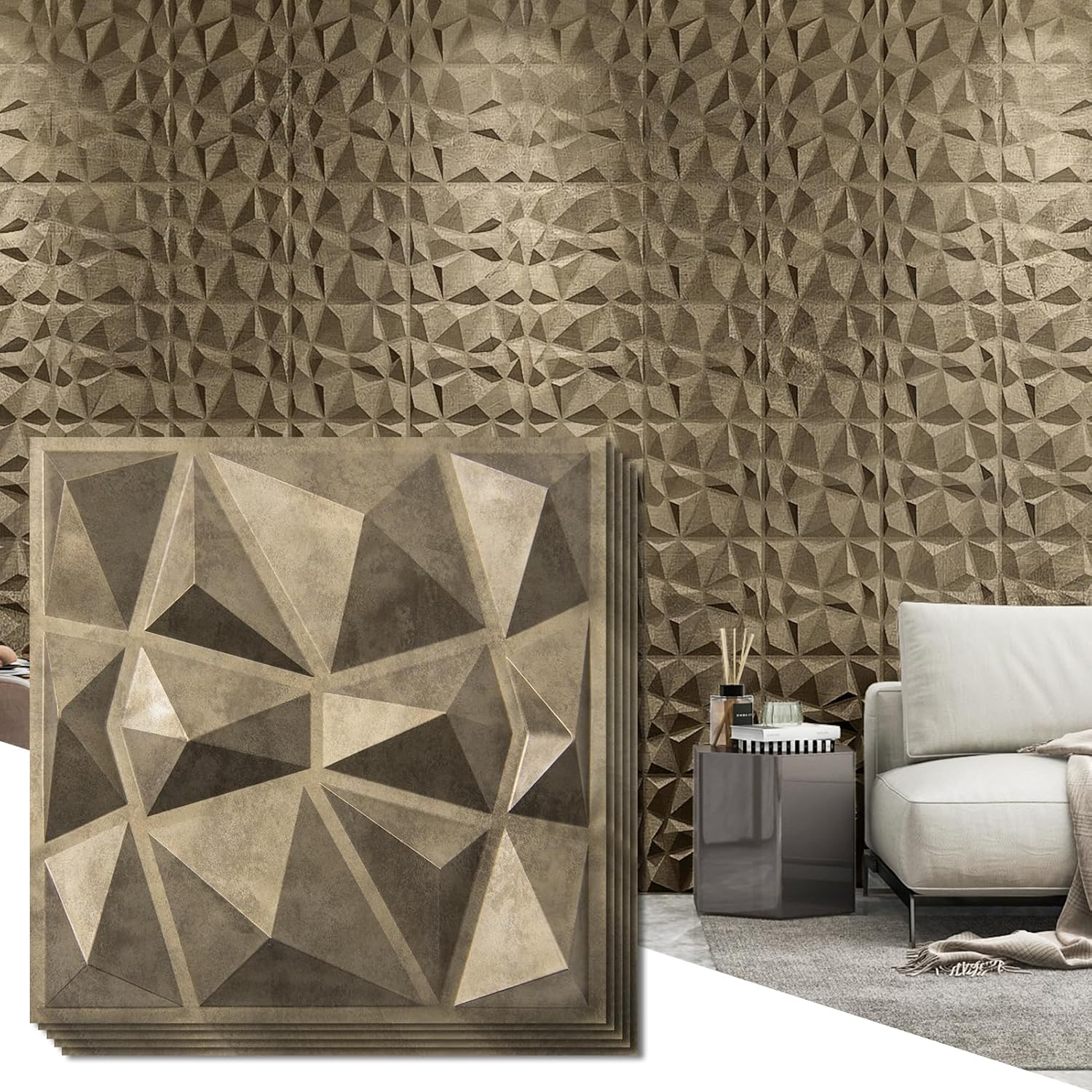 Art3d Decorative 3D Wall Panels in Diamond Design, 12"x12" Antique Gold for Home and Office Decor 33 Pack