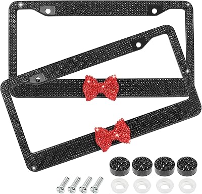 License Plate Frame,Cute Car Accessories Stainless Steel Crystal Car Plate Covers,Shiny Rhinestones Premium License Plate Holder with Mounting Bolts,License Plate Frames Black&Red