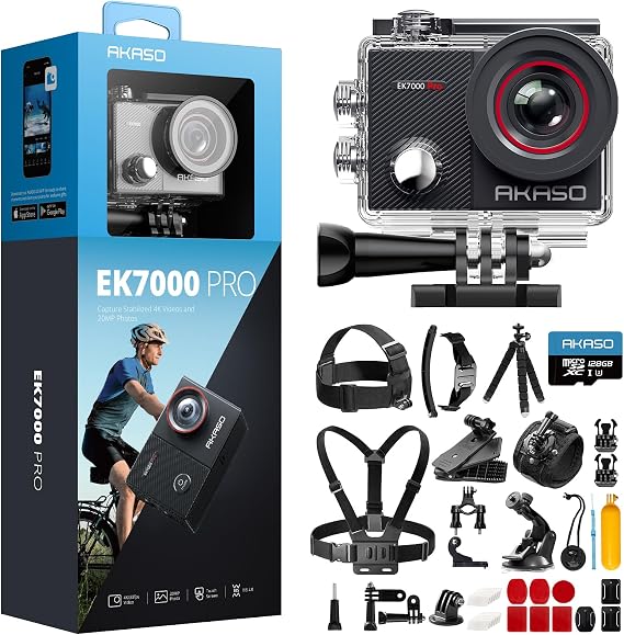 AKASO EK7000 Pro Action Camera with 128GB MicroSDXC Memory Card and 42 in 1 Action Camera Accessories Kit Bundle