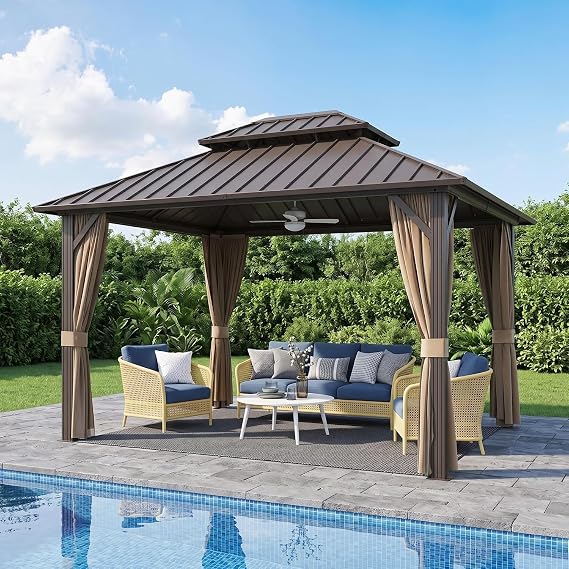 10'x10' Hardtop Gazebo with Galvanized Steel Roof, Aluminum Frame, Brown