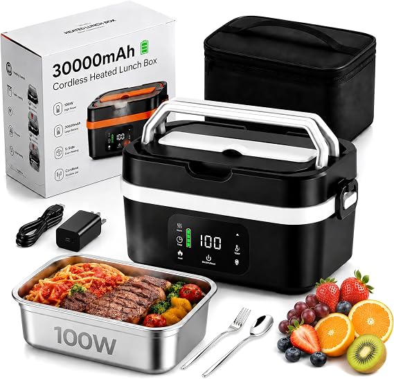 Cordless Heated Lunch Box Pro 30000mAh, 100W Fast & Auto Scheduled Heating, 221F Max Temp Control, 5.7 Cups, Insulated Bag Included, Rechargeable & Portable for Office, Travel, Camping, Jobsites