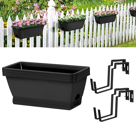 4 Pack Window Boxes Planters 17 Railing Planter Box with Adjustable Brackets, Deck Railing Hanging Flower Pots Rectangular Herb Planter for Outdoor Fence Garden, Balcony Decor