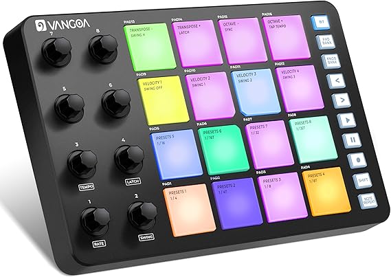 Vangoa 16 RGB MIDI Beat Maker, Wireless Velocity Drum Pad Controller with Aftertouch & Note Repeat, 8 Adjustable Knobs, All-in-One Electronic Drum Machine for Beginners, Support DAW/Mac/PC/iPad