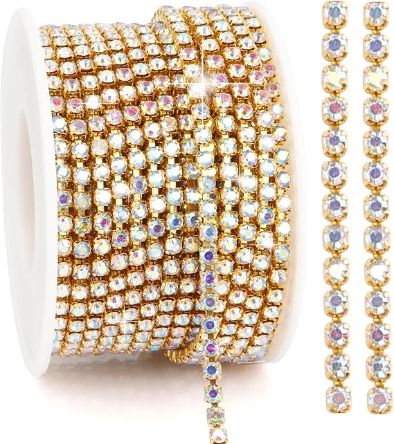 Rhinestone Trim AB Gold Bling Diamond Strips 3mm Glitter Crystal Close Chain Ribbon Tape for Sewing DIY Crafting Jewelry