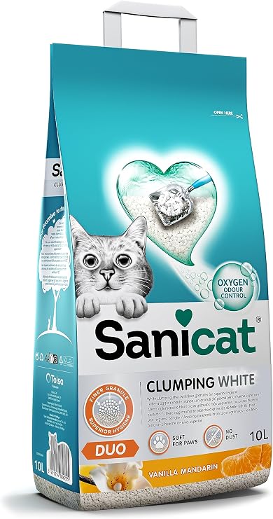 Sanicat - Beyaz Topaklanan Kedi Kumu - Vanilya ve Mandalina Kokulu | Koku Kontrolü Garantili Doğal minerallerden Üretilmiştir | 10 L Kapasite