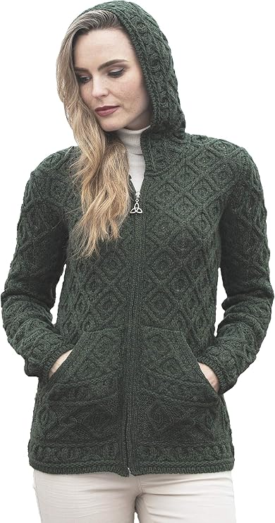 Aran Crafts Women's Soft Cable Knit Honeycomb Hood Cardigan (100% Merino Wool)