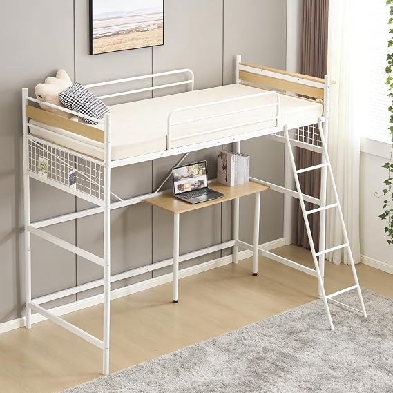 Loft Bed System Bed, Single Outlet, With Desk, Mesh Panel, High Type, Height Adjustable, Steel, Living Alone, Shock Resistant, Load Capacity 330.7 lbs 150 kg Single, White