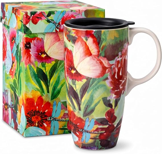 DUSVALLY 17oz Ceramic Travel Mug with Lid, Butterfly & Dragonfly Floral Coffee Mug with Handle, Microwave & Dishwasher Safe Travel Cup with Matching Gift Box for Home & Office