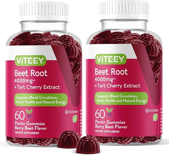 Viteey Beet Root Gummies 4000mg [from 80mg of 50:1 Extract] & Tart Cherry | For Healthy Blood Pressure Support - Vegan, Gelatin Free, Gluten Free-Tasty Chewable Berry Beet Flavored Gummy-120 Count