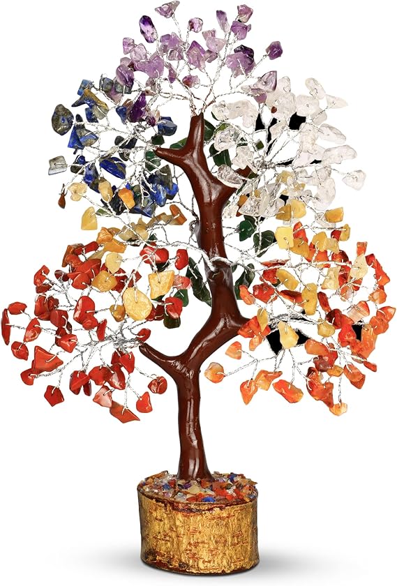 PYOR 7 Chakra Crystal Bonsai Tree, 10-12 inch, Red, Amethyst, Lapis, Carnelian, Clear Quartz, Yellow Aventurine, Green Aventurine, Silver Wire