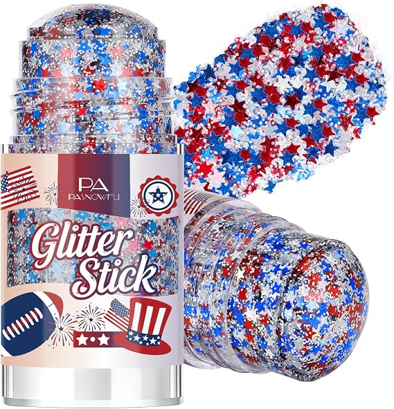 USA Patriotic Hair Body Glitter Stick Star, Shimmer Body Face Glitter for 4th of July Outfits for Women, red White and Blue Accessories for Festival Concert & Celebration Makeup