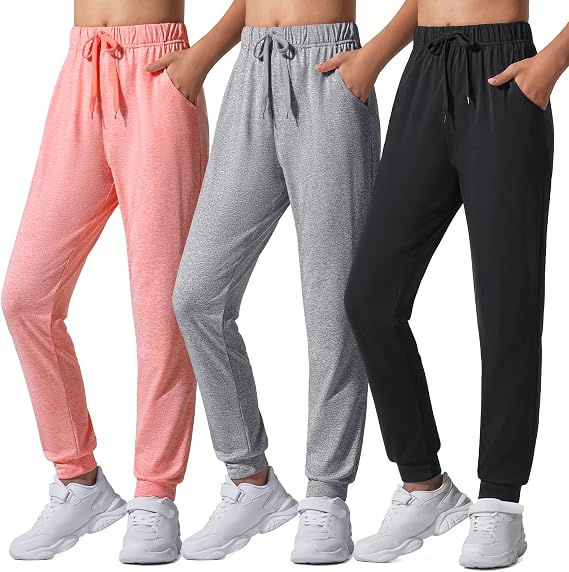Auranso Girls Joggers 3 Pack Quick Dry Casual Sweatpants Kids Athletic Lounge Joggers Boys Active Running Pants with Pockets