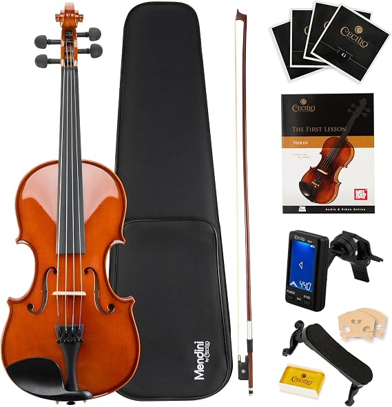 Mendini By Cecilio Violin 4/4 Full Size For Beginners - Fiddle Solidwood Kit with Hard Case - Acoustic Violins with Bow, Rosin, Tuner, Extra Strings & Bridge, Shoulder Rest and Lesson Book (Varnish)
