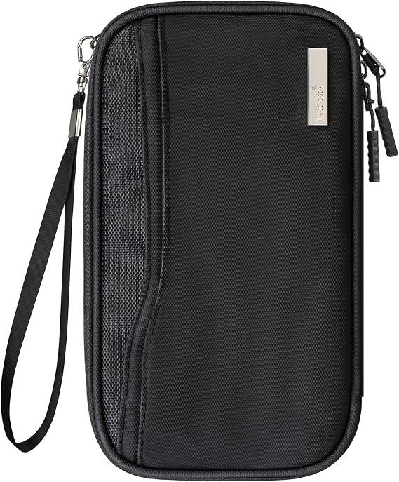 Lacdo Passport Holder Family Passport Wallet Women Men Travel Document Organizer Credit Cards Case Bag Water Resistant with Removable Wrist & Neck Strap Portable Travel Essentials, Black