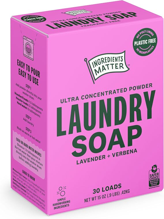 Ingredients Matter Powder Laundry Soap - Lavender Scent, Hypoallergenic Detergent, Natural & Eco-Friendly, Plastic Free, Made in USA, Natural Essential Oils & Dermatologist Tested - 15 oz, 30 Loads
