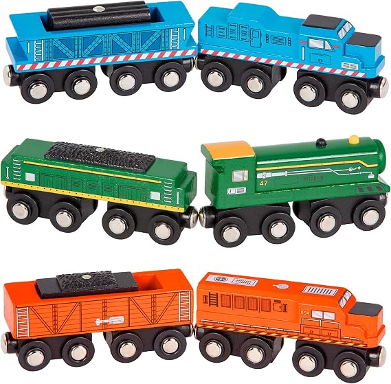 Battat Classic Trains Wooden Train Cars, Magnetic 6-Piece Set, Vehicles | 6-piece wooden train set with 3 locomotives and 3 freight cars that connect by magnet, Red, White, Black, Vehicles, 3+ Years