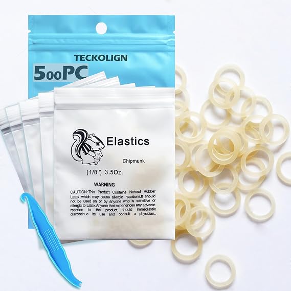Orthodontic Elastic 500 pcs Dental rubber bands (Medium, 3.5 Oz,1/8,Chipmunk),Teckolign Orthodontic Rubber Bands, 500 Pack,Orthodontic Supplies,Great for Dreadlocks, Braids, Tooth Gap, Braids, Dog Bows, Top knots, 5 Pack, with Elastic Placer for Braces