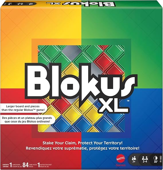 Mattel Games Blokus XL Board Games for Family Night, Brain Games for 2 to 4 Players, Oversized Board and Pieces | Classic Strategy Play with "Just One Rule," featuring Oversized Board and Pieces