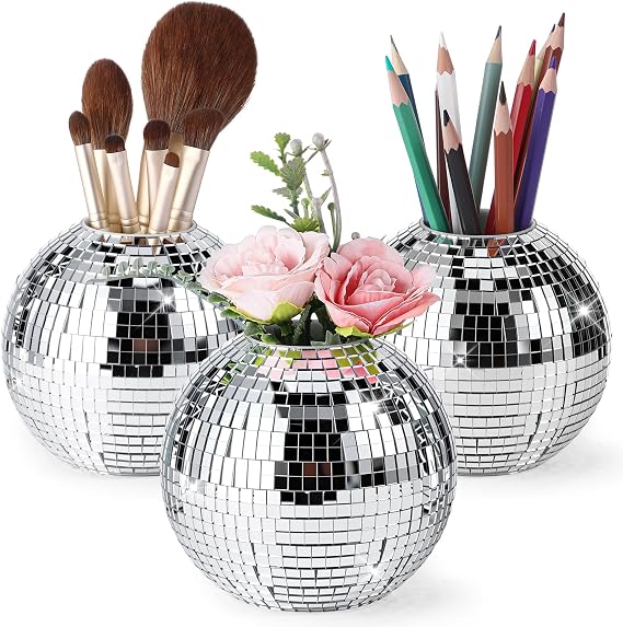 1 Pcs 4 Inch Disco Ball Pencil Holder for Desk Pen Makeup Brush Planter Organizer with Silver Sequins Retro Disco Table Centerpieces Back to School for Office Classroom Carnival Decor