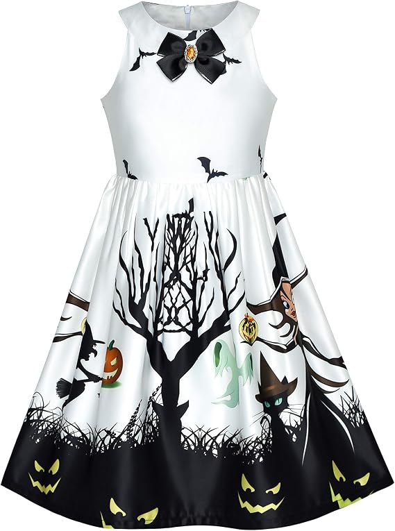 Sunny Fashion Girls Dress Halloween Party Witch Bat Pumpkin Halter Dress