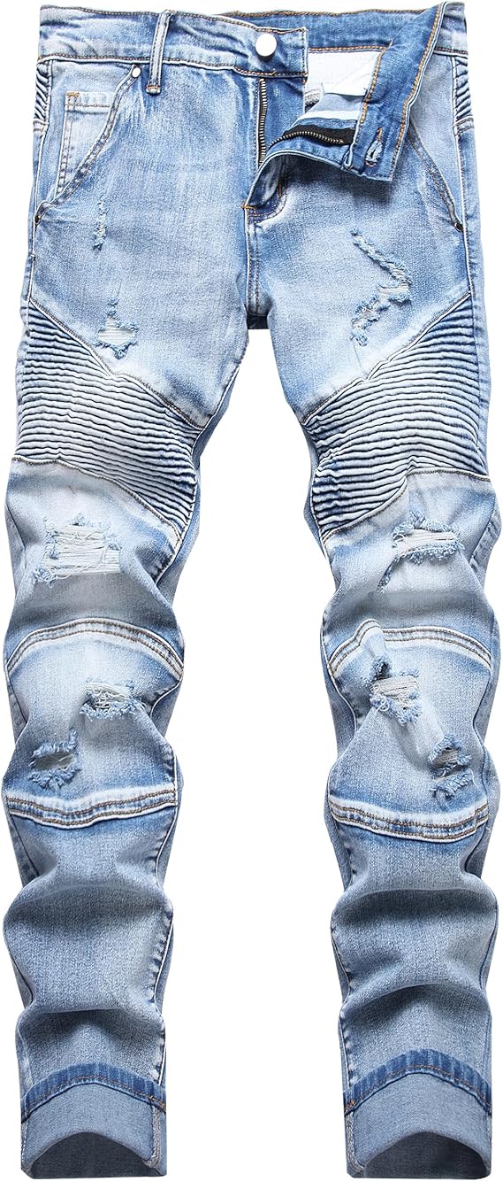 XIMXIMMTIAN Men's Biker Moto Washed Distressed Slim Fit Straight Jeans Denim