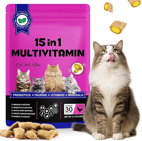 Cat Multivitamin Chews, 15 in 1 Multivitamin for Cats & Kittens, Bones, Joint, Skin & Coat Support, Cats Vitamins and Supplements - 100g