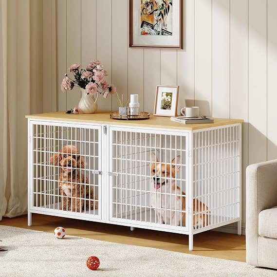 MAHANCRIS Dog Crate Furniture for 2 Dogs, 43.3" Dog Kennel with Removable Divider, Heavy Sturdy Dog Furniture Style Double Cage for Small Medium Dogs, Indoor Pet House End Table, Natural and White